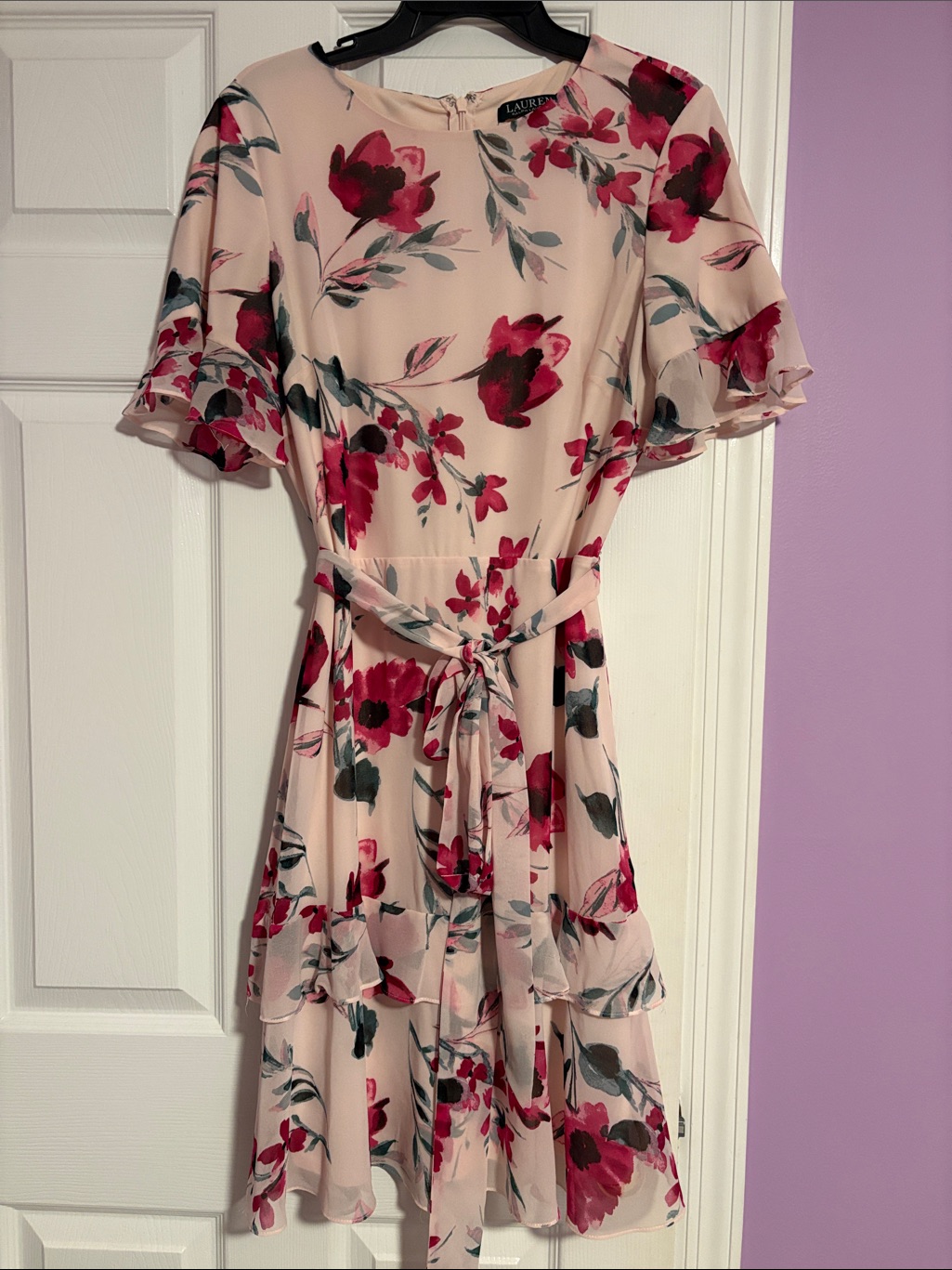 Lauren Ralph Lauren Blush Pink Floral Midi Dress With Tie Waist